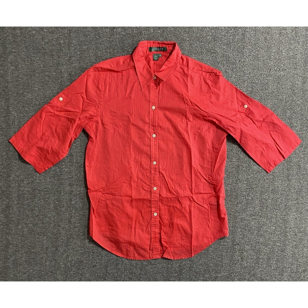 Lauren Ralph Lauren Womens Red 100% Cotton 3/4 Sleeve Button Down Blouse Size M